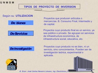 © Econ. José Carlos Navarro Lévano, Ing. Electrónico y MBA, 2006
U N M S M
TIPOS DE PROYECTO DE INVERSION
Según su UTILIZACION :
De bienes
DeInvestigación
Proyectos que producen artículos o
mercancías. B. Consumo Final, Intermedio y
de capital.
DeServicios
Proyectos cuyo producto final es un servico, ya
sea público o privado. Se agrupan en servicios
de infraestructura económica, de
infraestructura social, educativa, etc.
Proyectos cuyo producto no es bien, ni un
servicio, sino conocimientos. Pueden ser de
investigación teórica, experimental o
aplicada.
 