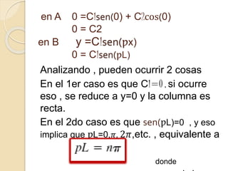 en A 0 =C1sen(0) + C2cos(0)
0 = C2
en B y =C1sen(ƿx)
0 = C1sen(ƿL)
Analizando , pueden ocurrir 2 cosas
En el 1er caso es que C1=0 , si ocurre
eso , se reduce a y=0 y la columna es
recta.
En el 2do caso es que sen(ƿL)=0 , y eso
implica que ƿL=0,𝜋, 2𝜋,etc. , equivalente a
donde
 