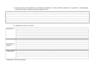 c) Descrição sucinta sobre atendimentos ou tratamentos terapêuticos e clínicos recebidos atualmente e no passado (Ex.: fonoaudiologia,
psicoterapia, terapia ocupacional, neurologia, psiquiatria, etc.)
d) Adaptações de acesso ao currículo
Organizativas
Metodológicas e
didáticas
Temporalidade
e)Adequações curriculares propostas
 