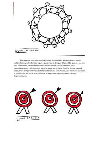 Outro gatilho emocional importantíssimo. Comunidade! Nós somos seres sociais, então nós sempre tendemos a seguir o que a maioria já segue, já faz, então, quando você tem dois restaurantes, um do lado do outro, um está vazio e o outro está cheio, você automaticamente, instintivamente vai achar que o que tá cheio, é melhor do que o que tá vazio, então é importante na sua oferta você criar uma comunidade, você estimular as pessoas a comentarem, você criar essa comunicação e essa interação com os seus clientes. Importantíssimo! 
 