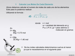 Zn
n= 48g
65g = 0.73 mol
Cl
n = 52g
35.45g = 1.46 mol
Ahora debemos calcular el numero de moles de cada uno de los elementos
Este paso lo podemos realizar:
w
P.a. o P.m. grn=
Utilizando la formula :
donde n = mol
w = cantidad del elemento en g
P.a. o P.m. gr = peso atómico o
molecular en gramos
 De los moles calculados determinamos cual es el menor
ya que lo necesitaremos en el siguiente paso
II. Calcular Los Moles De Cada Elemento
 