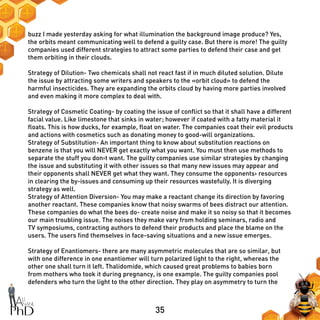 35
buzz I made yesterday asking for what illumination the background image produce? Yes,
the orbits meant communicating well to defend a guilty case. But there is more! The guilty
companies used different strategies to attract some parties to defend their case and get
them orbiting in their clouds.
Strategy of Dilution- Two chemicals shall not react fast if in much diluted solution. Dilute
the issue by attracting some writers and speakers to the «orbit cloud» to defend the
harmful insecticides. They are expanding the orbits cloud by having more parties involved
and even making it more complex to deal with.
Strategy of Cosmetic Coating- by coating the issue of conflict so that it shall have a different
facial value. Like limestone that sinks in water; however if coated with a fatty material it
floats. This is how ducks, for example, float on water. The companies coat their evil products
and actions with cosmetics such as donating money to good-will organizations.
Strategy of Substitution- An important thing to know about substitution reactions on
benzene is that you will NEVER get exactly what you want. You must then use methods to
separate the stuff you don›t want. The guilty companies use similar strategies by changing
the issue and substituting it with other issues so that many new issues may appear and
their opponents shall NEVER get what they want. They consume the opponents› resources
in clearing the by-issues and consuming up their resources wastefully. It is diverging
strategy as well.
Strategy of Attention Diversion- You may make a reactant change its direction by favoring
another reactant. These companies know that noisy swarms of bees distract our attention.
These companies do what the bees do- create noise and make it so noisy so that it becomes
our main troubling issue. The noises they make vary from holding seminars, radio and
TV symposiums, contracting authors to defend their products and place the blame on the
users. The users find themselves in face-saving situations and a new issue emerges.
Strategy of Enantiomers- there are many asymmetric molecules that are so similar, but
with one difference in one enantiomer will turn polarized light to the right, whereas the
other one shall turn it left. Thalidomide, which caused great problems to babies born
from mothers who took it during pregnancy, is one example. The guilty companies pool
defenders who turn the light to the other direction. They play on asymmetry to turn the
 