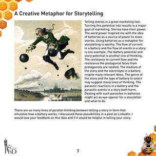 7
A Creative Metaphor for Storytelling
Telling stories is a great marketing tool.
Turning this potential into results is a major
goal of marketing. Stories have their power.
The word power inspired me with the idea
of batteries as a source of power to move
stories. Using batteries as a metaphor for
storytelling is worthy. The flow of current
in a battery and the flow of events in a story
is one example. The battery potential and
story potential is another line of thinking.
The resistance to current flow and the
resistance the protagonist faces from
protagonists are related. The medium of
the story and the electrolyte in a battery
inspire many relevant ideas. The genre of
the story and the type of battery to select
may suggest many lines of thinking. The
parasitic reactions in a battery and the
parasitic events in a story both harm.
Dealing with such parasites in batteries
might act as eye-opener for a storyteller
and what to do.
There are so many lines of parallel thinking between telling a story in form that
emulates how a battery works. I discussed these possibilities in a post on LinkedIn. I
would love your feedback on this idea and if it would be helpful in telling your story.
 