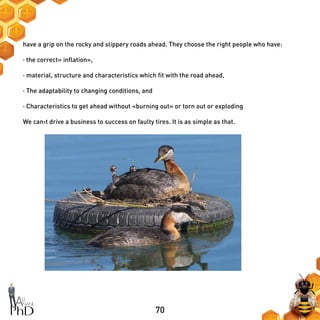 70
have a grip on the rocky and slippery roads ahead. They choose the right people who have:
· the correct» inflation»,
· material, structure and characteristics which fit with the road ahead,
· The adaptability to changing conditions, and
· Characteristics to get ahead without «burning out» or torn out or exploding
We can›t drive a business to success on faulty tires. It is as simple as that.
 