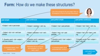 Form: How do we make these structures?
past simple
Look at the example for the past simple. Work out
the breakdown of form for the other three tenses.
past continuous past perfect simple past perfect continuous
+ Subject + verb in past simple
- Subject + did + not + verb bare
infinitive
? (Question word) + did + subject +
verb bare infinitive
+ Subject + was/were + verb -ing
- Subject + was/were + not + verb -
ing
? (Question word) + was/were +
subject + verb -ing
+ Subject + had + past participle
- Subject + had + not + past
participle
? (Question word) + had + subject +
past participle
+ Subject + had + been + verb -ing
- Subject + had + not + been + verb
-ing
? (Question word) + had + subject +
been + verb -ing
Remember that we commonly
use contractions, e.g. didn’t,
hadn’t, wasn’t.
In connected speech, this is
pronounced /bɪn/, not /bi:n/.
…and used to and
would?
In connected speech, /wɒz/
becomes /wəz/.
Pearson © 2021 Formula
 