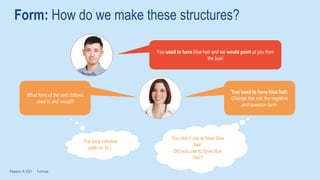 Form: How do we make these structures?
Pearson © 2021 Formula
You used to have blue hair and we would point at you from
the bus!
The bare infinitive
(with no ‘to’).
You didn’t use to have blue
hair.
Did you use to have blue
hair?
You used to have blue hair.
Change this into the negative
and question form.
What form of the verb follows
used to and would?
 