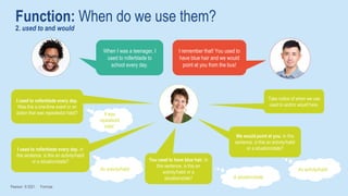Function: When do we use them?
2. used to and would
Pearson © 2021 Formula
When I was a teenager, I
used to rollerblade to
school every day.
I remember that! You used to
have blue hair and we would
point at you from the bus!
I used to rollerblade every day.
Was this a one-time event or an
action that was repeated/a habit? It was
repeated/a
habit.
You used to have blue hair. In
this sentence, is this an
activity/habit or a
situation/state? A situation/state
We would point at you. In this
sentence, is this an activity/habit
or a situation/state?
An activity/habit
I used to rollerblade every day. In
this sentence, is this an activity/habit
or a situation/state?
An activity/habit
Take notice of when we use
used to and/or would here.
 