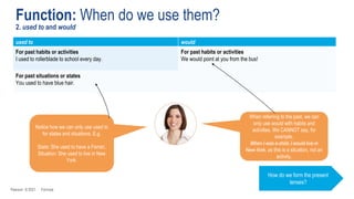 Function: When do we use them?
2. used to and would
Pearson © 2021 Formula
How do we form the present
tenses?
used to would
For past habits or activities
I used to rollerblade to school every day.
For past habits or activities
We would point at you from the bus!
For past situations or states
You used to have blue hair.
When referring to the past, we can
only use would with habits and
activities. We CANNOT say, for
example,
When I was a child, I would live in
New York, as this is a situation, not an
activity.
Notice how we can only use used to
for states and situations. E.g.
State: She used to have a Ferrari.
Situation: She used to live in New
York.
 