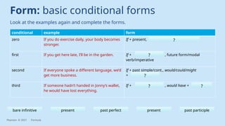 conditional example form
zero If you do exercise daily, your body becomes
stronger.
If + present,
first If you get here late, I’ll be in the garden. If + , future form/modal
verb/imperative
second If everyone spoke a different language, we’d
get more business.
If + past simple/cont., would/could/might
+
third If someone hadn’t handed in Jonny’s wallet,
he would have lost everything.
If + , would have +
Form: basic conditional forms
Look at the examples again and complete the forms.
?
?
?
? ?
bare infinitive present past perfect present past participle
Pearson © 2021 Formula
 