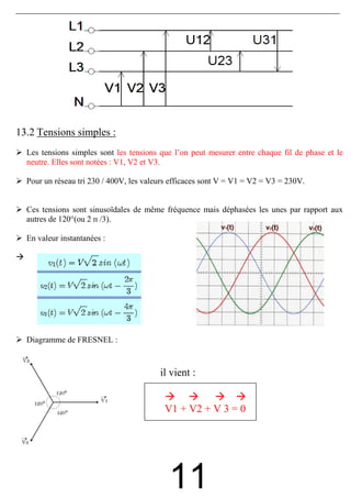13.2 Tensions simples :
  Les tensions simples sont les tensions que l’on peut mesurer entre chaque fil de phase et le
  neutre. Elles sont notées : V1, V2 et V3.

  Pour un réseau tri 230 / 400V, les valeurs efficaces sont V = V1 = V2 = V3 = 230V.


  Ces tensions sont sinusoïdales de même fréquence mais déphasées les unes par rapport aux
  autres de 120°(ou 2 п /3).

  En valeur instantanées :




  Diagramme de FRESNEL :



                                         il vient :


                                          V1 + V2 + V 3 = 0




                                            11
 