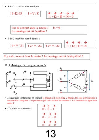 Si les 3 récepteurs sont identiques :


     I 1=I2=I3           I=V/Z
                                               I1 + I2 + I3 = IN = 0


      Pas de courant dans le neutre !               In = 0
      Le montage est dit équilibré !

  Si les 3 récepteurs sont différents :


     I 1= V / Z1         I 2= V / Z2         I 3= V / Z3         I1 + I2 + I3 = IN


Il y a du courant dans le neutre ! Le montage est dit déséquilibré !


13.5 Montage dit triangle : ∆ ou D




  3 récepteurs sont montés en triangle si chacun est relié entre 2 phases. Ils sont alors soumis à
  une tension composée U et parcourus par des courants de branche J. Les courants en ligne sont
  notés I.

  D’après la loi des nœuds :              J1 = J3 – I1


                                          J2 = J1 – I2


                                          J3 = J2 – I3



                                            13
 