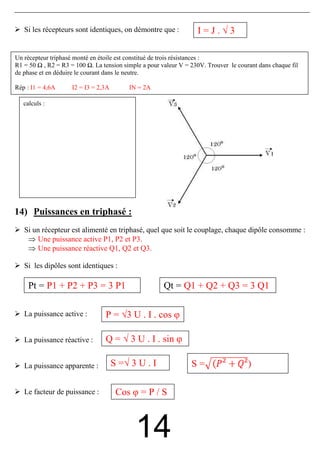 Si les récepteurs sont identiques, on démontre que :            I=J.√3

Un récepteur triphasé monté en étoile est constitué de trois résistances :
R1 = 50 Ω , R2 = R3 = 100 Ω. La tension simple a pour valeur V = 230V. Trouver le courant dans chaque fil
de phase et en déduire le courant dans le neutre.

Rép : I1 = 4,6A      I2 = I3 = 2,3A       IN = 2A

   calculs :




14) Puissances en triphasé :
   Si un récepteur est alimenté en triphasé, quel que soit le couplage, chaque dipôle consomme :
    ⇒ Une puissance active P1, P2 et P3.
    ⇒ Une puissance réactive Q1, Q2 et Q3.

   Si les dipôles sont identiques :

     Pt = P1 + P2 + P3 = 3 P1                          Qt = Q1 + Q2 + Q3 = 3 Q1

   La puissance active :         P = √3 U . I . cos φ

   La puissance réactive :       Q = √ 3 U . I . sin φ

   La puissance apparente :           S =√ 3 U . I               S=                   )

   Le facteur de puissance :           Cos φ = P / S



                                            14
 