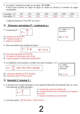 Les angles s’expriment en degré ou en radian : 2π 360 °
   Il faut savoir convertir les angles de degré en radian ou l’inverse et connaître les angles
   remarquables.

α en degré 0°           30°      45°        60°         90°        120°       180°           360°
α en radian 0           π/6      π/4        π/3         π/2        2π/3       π              2π

   L’angle 6π équivaut à 3 fois 360° ou 3 tours !

2) Puissance mécanique P / rendement η :
   La puissance P :                                                       W = 6000J t = 5’
                                                                          Puissance ?


P = puissance en Watt (W)                                                 Rép : P= 20W
W = énergie en joule (J)
t = temps en seconde (s)

   Dans une rotation, par exemple un moteur :

                                              Ω=2πn
P = puissance mécanique en Watt (W)
T = le couple en Newton par mètre (N.m)
Ω= vitesse angulaire en radian par seconde (rd/s)

   Le rendement d’une machine, η nombre sans unité et toujours < à 1 !
                                                                          Pu = 800W
                                                                          pertes= 200W
                 avec Pa = Pu + pertes                                    rendement?


Pa = puissance absorbée en W (à l’entrée)                                 Rép : η= 0,8
Pu = puissance utile en W (à la sortie)

3) Intensité I / tension U :
   L’intensité d’un courant électrique I est la quantité d’électricité Q transporté dans un circuit.
   Cela représente un débit électrique !
                                            I = intensité du courant an ampère (A)
                                            Q = quantité d’électricité en coulomb (c) ou ampères-
                                            heures Ah
                                            t = temps en secondes (s) ou heures (h)

   La loi des nœuds :




                                                2
 