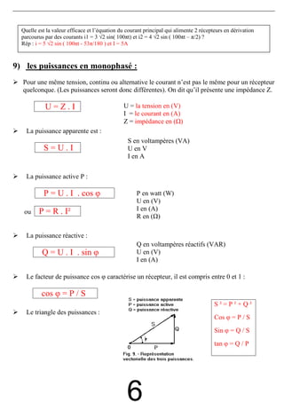 Quelle est la valeur efficace et l’équation du courant principal qui alimente 2 récepteurs en dérivation
  parcourus par des courants i1 = 3 √2 sin( 100πt) et i2 = 4 √2 sin ( 100πt – π/2) ?
  Rép : i = 5 √2 sin ( 100πt - 53π/180 ) et I = 5A



9) les puissances en monophasé :
  Pour une même tension, continu ou alternative le courant n’est pas le même pour un récepteur
  quelconque. (Les puissances seront donc différentes). On dit qu’il présente une impédance Z.

            U=Z.I                              U = la tension en (V)
                                               I = le courant en (A)
                                               Z = impédance en ( )
    La puissance apparente est :
                                                 S en voltampères (VA)
           S=U.I                                 U en V
                                                 I en A


    La puissance active P :

           P = U . I . cos φ                         P en watt (W)
                                                     U en (V)
   ou    P = R . I²                                  I en (A)
                                                     R en ( )

    La puissance réactive :
                                                     Q en voltampères réactifs (VAR)
           Q = U . I . sin φ                         U en (V)
                                                     I en (A)

    Le facteur de puissance cos φ caractérise un récepteur, il est compris entre 0 et 1 :

          cos φ = P / S
                                                                                        S²=P²+Q²
    Le triangle des puissances :
                                                                                        Cos φ = P / S
                                                                                        Sin φ = Q / S
                                                                                        tan φ = Q / P




                                                 6
 