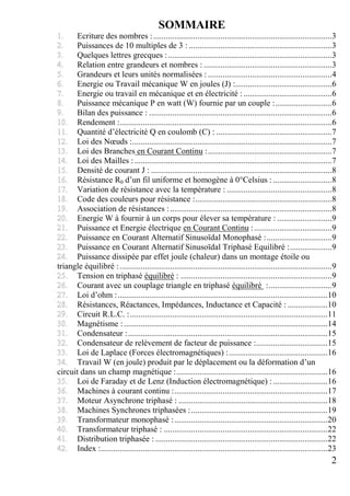 2
SOMMAIRE
Ecriture des nombres :.....................................................................................3
Puissances de 10 multiples de 3 : ....................................................................3
Quelques lettres grecques :..............................................................................3
Relation entre grandeurs et nombres : .............................................................3
Grandeurs et leurs unités normalisées : ...........................................................4
Energie ou Travail mécanique W en joules (J) :..............................................6
Energie ou travail en mécanique et en électricité : ..........................................6
Puissance mécanique P en watt (W) fournie par un couple :...........................6
Bilan des puissance : .......................................................................................6
Rendement :.....................................................................................................6
Quantité d’électricité Q en coulomb (C) : .......................................................7
Loi des Nœuds :...............................................................................................7
Loi des Branches en Courant Continu :...........................................................7
Loi des Mailles :..............................................................................................7
Densité de courant J : ......................................................................................8
Résistance R0 d’un fil uniforme et homogène à 0°Celsius :............................8
Variation de résistance avec la température : ..................................................8
Code des couleurs pour résistance :.................................................................8
Association de résistances :.............................................................................8
Energie W à fournir à un corps pour élever sa température : ..........................9
Puissance et Energie électrique en Courant Continu :.....................................9
Puissance en Courant Alternatif Sinusoïdal Monophasé :...............................9
Puissance en Courant Alternatif Sinusoïdal Triphasé Equilibré :....................9
Puissance dissipée par effet joule (chaleur) dans un montage étoile ou
triangle équilibré :.....................................................................................................9
Tension en triphasé équilibré : ........................................................................9
Courant avec un couplage triangle en triphasé équilibré :..............................9
Loi d’ohm :....................................................................................................10
Résistances, Réactances, Impédances, Inductance et Capacité : ...................10
Circuit R.L.C. :..............................................................................................11
Magnétisme :.................................................................................................14
Condensateur :...............................................................................................15
Condensateur de relèvement de facteur de puissance :..................................15
Loi de Laplace (Forces électromagnétiques) :...............................................16
Travail W (en joule) produit par le déplacement ou la déformation d’un
circuit dans un champ magnétique :........................................................................16
Loi de Faraday et de Lenz (Induction électromagnétique) :..........................16
Machines à courant continu :.........................................................................17
Moteur Asynchrone triphasé : .......................................................................18
Machines Synchrones triphasées :.................................................................19
Transformateur monophasé :.........................................................................20
Transformateur triphasé : ..............................................................................22
Distribution triphasée : ..................................................................................22
Index :............................................................................................................23
 