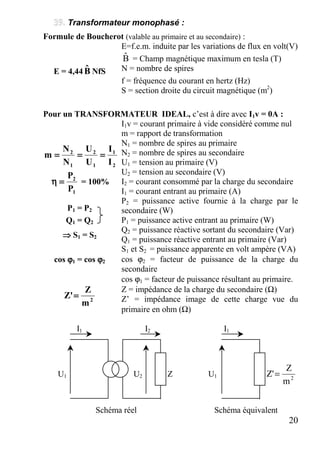 20
Transformateur monophasé :
Formule de Boucherot (valable au primaire et au secondaire) :
E=f.e.m. induite par les variations de flux en volt(V)
Bˆ = Champ magnétique maximum en tesla (T)
E = 4,44 Bˆ NfS N = nombre de spires
f = fréquence du courant en hertz (Hz)
S = section droite du circuit magnétique (m2
)
Pour un TRANSFORMATEUR IDEAL, c’est à dire avec I1v = 0A :
I1v = courant primaire à vide considéré comme nul
m = rapport de transformation
2
1
1
2
1
2
I
I
U
U
N
N
m ============
1
2
P
P
====ηηηη = 100%
N1 = nombre de spires au primaire
N2 = nombre de spires au secondaire
U1 = tension au primaire (V)
U2 = tension au secondaire (V)
I2 = courant consommé par la charge du secondaire
I1 = courant entrant au primaire (A)
P1 = P2
P2 = puissance active fournie à la charge par le
secondaire (W)
Q1 = Q2 P1 = puissance active entrant au primaire (W)
Q2 = puissance réactive sortant du secondaire (Var)
⇒⇒⇒⇒ S1 = S2
Q1 = puissance réactive entrant au primaire (Var)
S1 et S2 = puissance apparente en volt ampère (VA)
cos ϕϕϕϕ1 = cos ϕϕϕϕ2 cos ϕ2 = facteur de puissance de la charge du
secondaire
cos ϕ1 = facteur de puissance résultant au primaire.
2
m
Z
'Z ====
Z = impédance de la charge du secondaire (Ω)
Z’ = impédance image de cette charge vue du
primaire en ohm (Ω)
I1 I2 I1
U1 U2 Z U1 2
m
Z
'Z =
Schéma réel Schéma équivalent
 