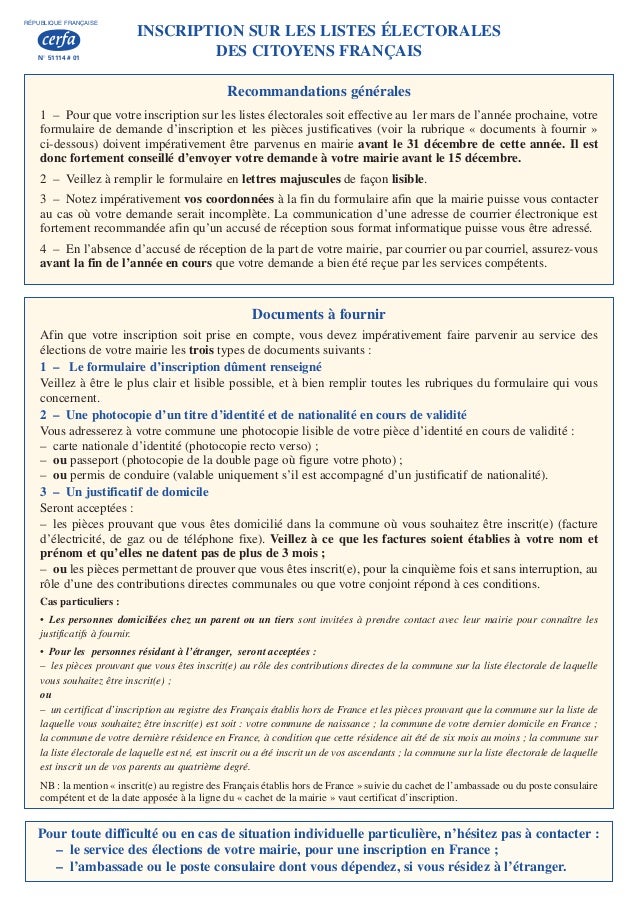 formulaire d'inscription sur les listes électorales