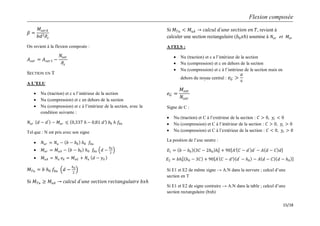 Flexion composée
15/18
𝛽 =
𝑀𝑠𝑒𝑟𝐴
𝑏𝑑2 𝜎𝑠
On revient à la flexion composée :
𝐴 𝑠𝑒𝑟 = 𝐴 𝑠𝑒𝑟1 −
𝑁𝑠𝑒𝑟
𝜎𝑠
SECTION EN T
A L’ELU
 Nu (traction) et c a l’intérieur de la section
 Nu (compression) et c en dehors de la section
 Nu (compression) et c à l’intérieur de la section, avec la
condition suivante :
𝑁𝑢𝑟 𝑑 − 𝑑′
− 𝑀𝑢𝑟 ≤ 0,337 𝑕 − 0,81 𝑑′ 𝑏0 𝑕 𝑓𝑏𝑢
Tel que : N est pris avec son signe
 𝑁𝑢𝑟 = 𝑁𝑢 − 𝑏 − 𝑏0 𝑕0 𝑓𝑏𝑢
 𝑀𝑢𝑟 = 𝑀𝑢𝐴 − 𝑏 − 𝑏0 𝑕0 𝑓𝑏 𝑢 𝑑 −
𝑕0
2
 𝑀𝑢𝐴 = 𝑁𝑢 𝑒𝐴 = 𝑀𝑢𝐺 + 𝑁𝑢 𝑑 − 𝑦 𝐺
𝑀 𝑇𝑢 = 𝑏 𝑕0 𝑓𝑏𝑢 𝑑 −
𝑕0
2
Si 𝑀 𝑇𝑢 ≥ 𝑀𝑢𝐴 𝑐𝑎𝑙𝑐𝑢𝑙 𝑑′
𝑢𝑛𝑒 𝑠𝑒𝑐𝑡𝑖𝑜𝑛 𝑟𝑒𝑐𝑡𝑎𝑛𝑔𝑢𝑙𝑎𝑖𝑟𝑒 𝑏𝑥𝑕
Si 𝑀 𝑇𝑢 < 𝑀𝑢𝐴 𝑐𝑎𝑙𝑐𝑢𝑙 𝑑′
𝑢𝑛𝑒 𝑠𝑒𝑐𝑡𝑖𝑜𝑛 𝑒𝑛 𝑇, revient à
calculer une section rectangulaire (𝑏0 𝑥𝑕) soumise à 𝑁𝑢𝑟 𝑒𝑡 𝑀𝑢𝑟
A l’ELS :
 Nu (traction) et c a l’intérieur de la section
 Nu (compression) et c en dehors de la section
 Nu (compression) et c à l’intérieur de la section mais en
dehors du noyau central : 𝑒 𝐺 >
𝐻
6
𝑒 𝐺 =
𝑀𝑠𝑒𝑟
𝑁𝑠𝑒𝑟
Signe de C :
 Nu (traction) et C à l’extérieur de la section : 𝐶 > 0, 𝑦𝑐 < 0
 Nu (compression) et C à l’intérieur de la section : 𝐶 > 0, 𝑦𝑐 > 0
 Nu (compression) et C à l’extérieur de la section : 𝐶 < 0, 𝑦𝑐 > 0
La position de l’axe neutre :
𝐸1 = 𝑏 − 𝑏0 3𝐶 − 2𝑕0 𝑕0
2
+ 90 𝐴′ 𝐶 − 𝑑′
𝑑′
− 𝐴 𝑑 − 𝐶 𝑑
Si E1 et E2 de même signe → A.N dans la nervure ; calcul d’une
section en T
Si E1 et E2 de signe contraire → A.N dans la table ; calcul d’une
section rectangulaire (bxh)
𝐸2 = 𝑏𝑕0
2
𝑕0 − 3𝐶 + 90 𝐴′
𝐶 − 𝑑′ 𝑑′
− 𝑕0 − 𝐴 𝑑 − 𝐶 𝑑 − 𝑕0
 