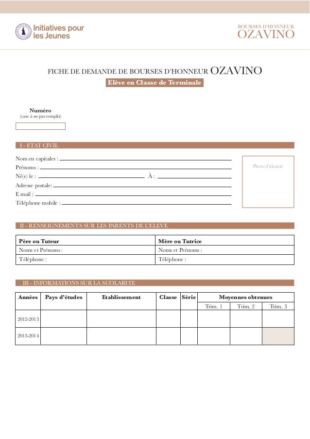 Formulaire de candidature Terminale - Bourses Ozavino 2014