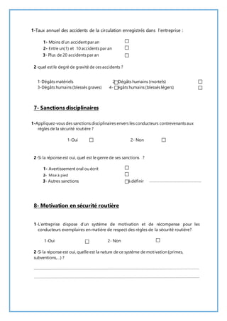 1-Taux annuel des accidents de la circulation enregistrés dans l’entreprise : 
1- Moins d’un accident par an 
2- Entre un(1) et 10 accidents par an 
3- Plus de 20 accidents par an 
2-quel est le degré de gravité de ces accidents ? 
1-Dégâts matériels 2- Dégâts humains (mortels) 
3-Dégâts humains (blessés graves) 4- Dégâts humains (blessés légers) 
7- Sanctions disciplinaires 
1-Appliquez-vous des sanctions disciplinaires envers les conducteurs contrevenants aux 
règles de la sécurité routière ? 
1-Oui 2- Non 
2-Si la réponse est oui, quel est le genre de ses sanctions ? 
1- Avertissement oral ou écrit 
2- Mise à pied 
3- Autres sanctions à définir 
8- Motivation en sécurité routière 
1-L’entreprise dispose d’un système de motivation et de récompense pour les 
conducteurs exemplaires en matière de respect des règles de la sécurité routière? 
1-Oui 2- Non 
2-Si la réponse est oui, quelle est la nature de ce système de motivation (primes, 
subventions,…) ? 
 