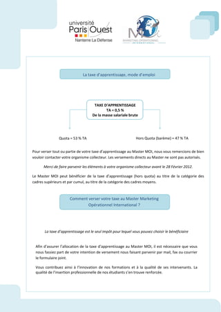 La taxe d’apprentissage, mode d’emploi




                                     TAXE D’APPRENTISSAGE
                                            TA = 0,5 %
                                    De la masse salariale brute




               Quota = 53 % TA                                 Hors Quota (barème) = 47 % TA


Pour verser tout ou partie de votre taxe d’apprentissage au Master MOI, nous vous remercions de bien
vouloir contacter votre organisme collecteur. Les versements directs au Master ne sont pas autorisés.

      Merci de faire parvenir les éléments à votre organisme collecteur avant le 28 Février 2012.

Le Master MOI peut bénéficier de la taxe d’apprentissage (hors quota) au titre de la catégorie des
cadres supérieurs et par cumul, au titre de la catégorie des cadres moyens.



                      Comment verser votre taxe au Master Marketing
                              Opérationnel International ?




       La taxe d’apprentissage est le seul impôt pour lequel vous pouvez choisir le bénéficiaire


 Afin d’assurer l’allocation de la taxe d’apprentissage au Master MOI, il est nécessaire que vous
 nous fassiez part de votre intention de versement nous faisant parvenir par mail, fax ou courrier
 le formulaire joint.

 Vous contribuez ainsi à l’innovation de nos formations et à la qualité de ses intervenants. La
 qualité de l’insertion professionnelle de nos étudiants s’en trouve renforcée.
 