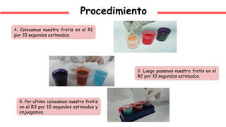 Procedimiento
4. Colocamos nuestro frotis en el R1
por 10 segundos estimados.
5. Luego pasamos nuestro frotis en el
R2 por 10 segundos estimados.
6. Por ultimo colocamos nuestro frotis
en el R3 por 10 segundos estimados y
enjuagamos.
 
