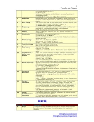 )RUPXODV DQG RQFHSWV
KWWS SKVLFVFDWDOVW FRP
KWWS SKVLFVJRHDV EORJVSRW FRP
'LIIHUHQWLDO (TXDWLRQ RI 6+0 LV
G [ GW ǔ [
6ROXWLRQV RI WKLV HTXDWLRQ FDQ ERWK EH VLQH RU FRVLQH IXQFWLRQV :H
FRQYHQLHQWO FKRRVH
[ $FRV ǔW ĳ ZKHUH $ ǔ DQG ĳ DOO DUH FRQVWDQWV
$PSOLWXGH 4XDQWLW $ LV NQRZQ DV DPSOLWXGH RI 6+0 ZKLFK LV WKH PDJQLWXGH RI
PD[LPXP YDOXH RI GLVSODFHPHQW RQ HLWKHU VLGHV IURP WKH HTXLOLEULXP
SRVLWLRQ
7LPH SHULRG 7LPH SHULRG 7 RI 6+0 WKH WLPH GXULQJ ZKLFK RVFLOODWLRQ UHSHDWV LWVHOI
L H UHSHDWV LWV RQH FFOH RI PRWLRQ DQG LW LV JLYHQ E
7 Ⱥ ǔ ZKHUH ǔ LV WKH DQJXODU IUHTXHQF
)UHTXHQF )UHTXHQF RI WKH 6+0 LV WKH QXPEHU RI WKH FRPSOHWH RVFLOODWLRQ SHU
XQLW WLPH L H IUHTXHQF LV UHFLSURFDO RI WKH WLPH SHULRG
I 7 7KXV DQJXODU IUHTXHQF ǔ ȺI
9HORFLW 9HORFLW RI D VVWHP H[HFXWLQJ 6+0 DV D IXQFWLRQ RI WLPH LV Y
ǔ$VLQ ǔW ĳ
$FFHOHUDWLRQ $FFHOHUDWLRQ RI SDUWLFOH H[HFXWLQJ 6+0 LV
D ǔ $FRV ǔW ĳ 6R D ǔ [
7KLV VKRZV WKDW DFFHOHUDWLRQ LV SURSRUWLRQDO WR WKH GLVSODFHPHQW EXW LQ
RSSRVLWH GLUHFWLRQ
.LQHWLF HQHUJ $W DQ WLPH W .( RI VVWHP LQ 6+0 LV
.( PY Pǔ $ VLQ ǔW ĳ
ZKLFK LV D IXQFWLRQ YDULQJ SHULRGLFDOO LQ WLPH
3RWHQWLDO HQHUJ 3( RI VVWHP LQ 6+0 DW DQ WLPH W LV
3( .[ Pǔ $ FRV ǔW ĳ
7RWDO HQHUJ 7RWDO (QHUJ LQ 6+0
( .( 3( Pǔ $
DQG LW UHPDLQ FRQVWDQW LQ DEVHQFH RI GLVVLSDWLYH IRUFHV OLNH IULFWLRQDO
IRUFHV
2VFLOODWLRQV RI D
6SULQJ PDVV
VVWHP
,Q WKLV FDVH SDUWLFOH RI PDVV P RVFLOODWHV XQGHU WKH LQIOXHQFH RI KRRN¶V
ODZ UHVWRULQJ IRUFH JLYHQ E ) .[ ZKHUH . LV WKH VSULQJ FRQVWDQW
$QJXODU )UHTXHQF ǔ ¥ . P
7LPH SHULRG 7 Ⱥ¥ P .
IUHTXHQF LV Ⱥ ¥ . P
7LPH SHULRG RI ERWK KRUL]RQWDO DQG YHUWLFDO RVFLOODWLRQ DUH VDPH EXW
VSULQJ FRQVWDQW KDYH GLIIHUHQW YDOXH IRU KRUL]RQWDO DQG YHUWLFDO PRWLRQ
6LPSOH SHQGXOXP 0RWLRQ RI VLPSOH SHQGXOXP RVFLOODWLQJ WKURXJK VPDOO DQJOHV LV D FDVH
RI 6+0 ZLWK DQJXODU IUHTXHQF JLYHQ E
ǔ ¥ J / DQG 7LPH SHULRG 7 Ⱥ¥ / J
:KHUH / LV WKH OHQJWK RI WKH VWULQJ
+HUH ZH QRWLFH WKDW SHULRG RI RVFLOODWLRQ LV LQGHSHQGHQW RI WKH PDVV P
RI WKH SHQGXOXP
RPSRXQG
3HQGXOXP
RPSRXQG SHQGXOXP LV D ULJLG ERG RI DQ VKDSH FDSDEOH RI
RVFLOODWLQJ DERXW WKH KRUL]RQWDO D[LV SDVVLQJ WKURXJK LW
6XFK D SHQGXOXP VZLQJLQJ ZLWK VPDOO DQJOH H[HFXWHV 6+0 ZLWK WKH
WLPHSHULRG
7 Ⱥ¥ , PJ/
:KHUH , 0RPHQW RI LQHUWLD RI SHQGXOXP DERXW WKH D[LV RI VXVSHQVLRQ
/ LV WKH OHQJKW RI WKH SHQGXOXP
'DPSHG
2VFLOODWLRQ
6+0 ZKLFK FRQWLQXHV LQGHILQLWHO ZLWKRXW WKH ORVV RI WKH DPSOLWXGH
DUH FDOOHG IUHH RVFLOODWLRQ RU XQGDPSHG DQG LW LV QRW D UHDO FDVH
,Q UHDO SKVLFDO VVWHPV HQHUJ RI WKH RVFLOODWRU JUDGXDOO GHFUHDVHV
ZLWK WLPH DQG RVFLOODWRU ZLOO HYHQWXDOO FRPH WR UHVW 7KLV KDSSHQV
EHFDXVH LQ DFWXDO SKVLFDO VVWHPV IULFWLRQ RU GDPSLQJ LV DOZDV
SUHVHQW
7KH UHGXFWLRQ LQ DPSOLWXGH RU HQHUJ RI WKH RVFLOODWRU LV FDOOHG
GDPSLQJ DQG RVFLOODWLRQ DUH FDOO GDPSHG
)RUFHG
2VFLOODWLRQV DQG
5HVRQDQFH
2VFLOODWLRQV RI D VVWHP XQGHU WKH LQIOXHQFH RI DQ H[WHUQDO SHULRGLF
IRUFH DUH FDOOHG IRUFHG RVFLOODWLRQV
,I IUHTXHQF RI H[WHUQDOO DSSOLHG GULYLQJ IRUFH LV HTXDO WR WKH QDWXUDO
IUHTXHQF RI WKH RVFLOODWRU UHVRQDQFH LV VDLG WR RFFXU
:DYHV
6 1R 7HUP 'HVFULSWLRQ
:DYH ,W LV D GLVWXUEDQFH ZKLFK WUDYHOV WKURXJK WKH PHGLXP GXH WR UHSHDWHG
SHULRGLF PRWLRQ RI SDUWLFOHV RI WKH PHGLXP DERXW WKHLU HTXLOLEULXP
SRVLWLRQ
 