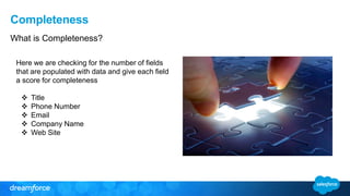 Completeness
What is Completeness?
Here we are checking for the number of fields
that are populated with data and give each field
a score for completeness
 Title
 Phone Number
 Email
 Company Name
 Web Site
 