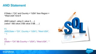 AND Statement
If State = “CA” and Country = “USA” then Region =
“West USA” End If
AND (value1, value 2, value 3…..)
(value 1 && value 2 && value 3 && …..)
If (
AND(State = “CA”, Country = “USA”), “West USA”,
“ “)
If (
(State = “CA” && Country = “USA”), “West USA”, “ “
)
 