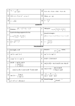 9 10
11 12
13 14
GEOMETRY
1 Distance = 2 Mid point
3
A pointdividingasegmentof a line
4
Areaof a triangle =
5 6
TRIGONOMETRY
1 Arc length, s=rθ 2 Areaof a sector,
3 4
5 6 sin 2A = 2 sin A cos A
7
cos 2A = cos2
A – sin2
A
= 2 cos2
A – 1
= 1 – 2 sin2
A
8
9
cos( 𝐴 ± 𝐵) = 𝑐𝑜𝑠𝐴 𝑐𝑜𝑠𝐵 ∓ 𝑠𝑖𝑛𝐴 𝑠𝑖𝑛𝐵
10
11 12
13 14 Areaof triangle =
 