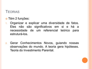 TEORIAS
 Têm 2 funções:
1. Organizar e explicar uma diversidade de fatos.
Eles não são significativos em si e há a
necessidade de um referencial teórico para
estruturá-los.
2. Gerar Conhecimentos Novos, guiando nossas
observações do mundo. A teoria gera hipóteses.
Teoria do Investimento Parental.
 