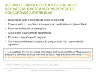 Copyright© 2017 Symnetics – Todos os direitos reservados
APESAR DE HAVER DIFERENTES ESCOLAS DE
ESTRATÉGIA, EXISTEM ALGUNS PONTOS DE
CONCORDÂNCIA ENTRE ELAS
• Diz respeito tanto à organização como ao ambiente
• Envolve tanto o conteúdo como o processo de decisão e implementação
• Pode ser deliberada ou emergente
• Afeta o bem-estar geral da organização
• Pode ser corporativa e de negócio
• Sua natureza é desestruturada, não programável, não rotineira e não
repetitiva
“ ... A estratégia envolve exercícios conceituais, assim como analíticos. Alguns autores
enfatizam a dimensão analítica mais que as outras, mas a maioria afirma que o coração
da formulação de estratégias é o trabalho conceitual feito pelos líderes da organização”.
Fonte: Chaffee, E. E. 1985. ‘Three models of strategy’. Academy of Management Rewiew, vol. 10, n. 1, 89-98.
 