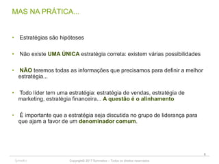 Copyright© 2017 Symnetics – Todos os direitos reservados
MAS NA PRÁTICA...
• Estratégias são hipóteses
• Não existe UMA ÚNICA estratégia correta: existem várias possibilidades
• NÃO teremos todas as informações que precisamos para definir a melhor
estratégia...
• Todo líder tem uma estratégia: estratégia de vendas, estratégia de
marketing, estratégia financeira... A questão é o alinhamento
• É importante que a estratégia seja discutida no grupo de liderança para
que ajam a favor de um denominador comum.
8
 