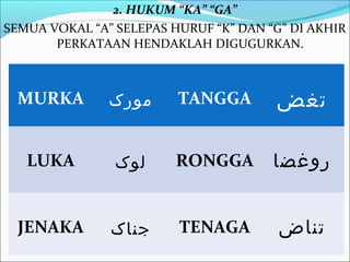 2. HUKUM “KA” “GA”
SEMUA VOKAL “A” SELEPAS HURUF “K” DAN “G” DI AKHIR
       PERKATAAN HENDAKLAH DIGUGURKAN.



 MURKA         ‫مورک‬      TANGGA        ‫تغض‬

   LUKA         ‫لوک‬      RONGGA        ‫روغضا‬


 JENAKA        ‫جناک‬      TENAGA         ‫تناض‬
 