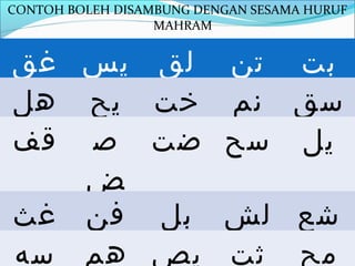‫‪CONTOH BOLEH DISAMBUNG DENGAN SESAMA HURUF‬‬
                  ‫‪MAHRAM‬‬


‫بت تن لق يس غق‬
‫سق نم خت يح هل‬
‫يل سح ضت ص قف‬
   ‫ض‬
‫شع لش بل فن غث‬
‫مح ثت يص هم سه‬
 