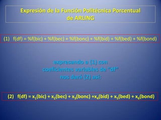 Expresión de la Función Politécnica Porcentual
                         de ARLING


(1) f(df) = %f(bic) + %f(bec) + %f(bonc) + %f(bid) + %f(bed) + %f(bond)



                      expresando a (1) con
                  coeficientes variables de “df”
                         nos dará (2) así:


 (2) f(df) = x1(bic) + x2(bec) + x3(bonc) +x4(bid) + x5(bed) + x6(bond)
 
