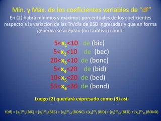 Mín. y Máx. de los coeficientes variables de “df”
   En (2) habrá mínimos y máximos porcentuales de los coeficientes
respecto a la variación de las Tn/día de BSD ingresadas y que en forma
                genérica se aceptan (no taxativo) como:

                               5<x1<10              de (bic)
                               5<x2<10              de (bec)
                              20<x3<10             de (bonc)
                               5<x4<20              de (bid)
                              10<x5<20             de (bed)
                              55<x6<30             de (bond)
                    Luego (2) quedará expresado como (3) así:

f(df) = [x1]105 (BIC) + [x2]105 (BEC) + [x3]2010 (BONC) +[x4]205 (BID) + [x5]2010 (BED) + [x6]5530 (BOND)
 