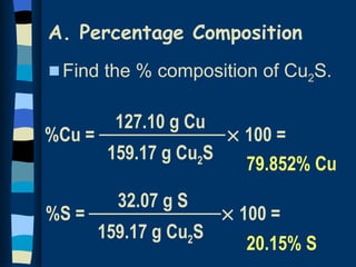 A. Percentage Composition
s Find   the % composition of Cu2S.

          127.10 g Cu
%Cu =                  × 100 =
         159.17 g Cu2S
                         79.852% Cu
          32.07 g S
%S =                    × 100 =
        159.17 g Cu2S
                          20.15% S
 