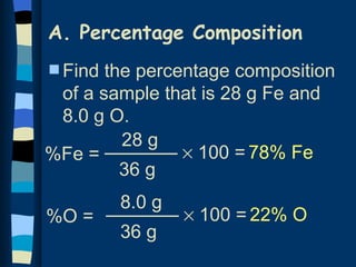 A. Percentage Composition
s Find the percentage composition
 of a sample that is 28 g Fe and
 8.0 g O.
         28 g
%Fe =           × 100 = 78% Fe
         36 g
         8.0 g
%O =             × 100 = 22% O
         36 g
 