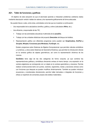 PLAN PARA EL FOMENTO DE LA COMPETENCIA MATEMÁTICA
Página 105 de 119
A21. Taller de funciones y gráficas
El objetivo de esta actuación es que el alumnado aprenda a interpretar problemas cotidianos dados
mediante descripción verbal o tablas de valores y los represente gráficamente de forma adecuada.
Se pueden llevar a cabo, entre otras, actividades como las que se muestran a continuación:
- Uso responsable de la calculadora científica, gráfica y online (calculadora Wiris, etc.).
- Uso eficiente y responsable de las TIC.
 Trabajo con las actividades educativas multimedia de la zonaClic.
 Trabajo con las unidades didácticas del proyecto Descartes del bloque de Análisis.
 Representación gráfica con diferentes programas como pueden ser Graphmatica, KmPlot y
Gnuplot, Winplot, Funciones para Windows, FunGraph, etc.
Existen programas sobre Sistemas de Álgebra Computacional, que permiten cálculos simbólicos
y numéricos, y otros sobre Sistemas de Geometría Dinámica, que permiten la introducción directa
en la ventana gráfica de objetos geométricos, así como la representación dinámica de los
mismos.
GeoGebra tiene algo de las dos categorías de forma conjunta, ya que combina las
representaciones gráficas y simbólicas ofreciendo ambas al mismo tiempo: una expresión en la
ventana algebraica se corresponde con un objeto en la ventana geométrica y viceversa. Permite
realizar construcciones tanto con puntos, vectores, segmentos, rectas y secciones cónicas como
con funciones que después se pueden modificar dinámicamente. También se pueden introducir
ecuaciones y coordenadas directamente; permite hallar derivadas e integrales de funciones y
ofrece un repertorio de comandos propios del análisis matemático.
 