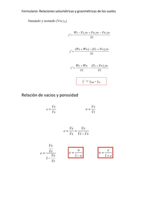 Formulario: Relaciones volumétricas y gravimétricas de los suelos




Relación de vacios y porosidad
 