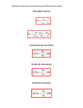 Formulario: Relaciones volumétricas y gravimétricas de los suelos

                           Densidad relativa




                       Contenido de humedad




                         Grado de saturación




                          Grado de aireación
 