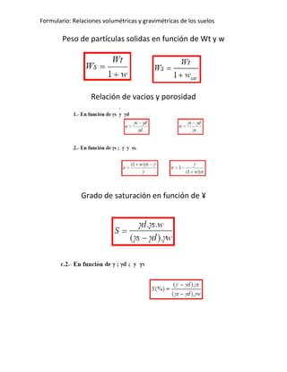 Formulario: Relaciones volumétricas y gravimétricas de los suelos

        Peso de partículas solidas en función de Wt y w




                   Relación de vacios y porosidad




               Grado de saturación en función de ¥
 
