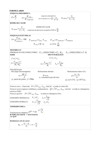 FORMULARIO
MÁQUINA FRIGORÍFICA
BOMBA DE CALOR
MÁQUINAS ELÉCTRICAS
MOTORES CC
PÉRDIDAS EN LOS CONDUCTORES PCU INDUCTOR=I EX
2
· REX PCU INDUCIDO=Ii
2
· Ri
SERIE SHUNT/PARALELO
I =Ii=Iex
Velocidad de giro
Del campo electromagnético Deslizamiento absoluto Deslizamiento relativo (%)
D=n1-n2
n2: velocidad de giro del rotor
Potencia activa =Paportada P=3Vlinea · I linea ·cos se mide en vatios (W)
Potencia reactiva (aparece en Bobinas y condensadores) Q=3V linea · Ilinea · sen se mide en voltampaerios
reactivos (VAR)
Potencia aparente S=3V linea · Ilinea se mide en voltamperios (VA)
CONEXIÓN TRIÁNGULO :
CONEXIÓN ESTRELLA:
TERMODINÁMICA
Transformacion adiabática
R=0,082 atm·l/mol K = 8,314 J/mol K
∆U=Q-W
Rendimiento ciclo de carnot
P=
W
t =
W UTIL
W APORTADO
MÁQUINA FRIGORÍFICA
efecto frigoríficoef =
Q2
W
=
Q2
Q1−Q2
CARNOT =
T2
T1−T 2
CARNOT=
T1
T1−T 2
BOMBA DE CALOR
coeficiente deeficiencia energética COP =
Q1
W
=
PUTIL
PAPORTADA
·100 PAPORTADA=Ilinea ·V linea
PUTIL=M · =2·
n
60
PUTIL=PAPORTADA−PPERDIDAS
I =IiI ex
I ex=
Vlinea
Rex
Ii=
Vlinea−'
Ri
I =
V linea−'
RiRex
n1=
60· f
p
p: pares de polos , f =50hz
d=
n1−n2
n1
ej. si d=3  n2=97 n1
V L=V F I F=
I linea
3
V F=
Vlinea
3
I L=I F
 