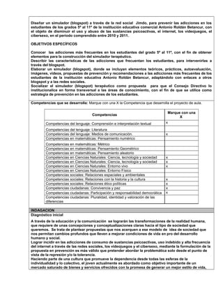 Diseñar un simulador (blogspot) a través de la red social Jimdo, para prevenir las adicciones en los
estudiantes de los grados 5º al 11º de la institución educativa comercial Antonio Roldán Betancur, con
el objeto de disminuir el uso y abuso de las sustancias psicoactivas, el internet, los videojuegos, el
cibersexo, en el período comprendido entre 2010 y 2011.
OBJETIVOS ESPECÍFICOS
Conocer las adicciones más frecuentes en los estudiantes del grado 5º al 11º, con el fin de obtener
elementos para la construcción del simulador terapéutico.
Describir las características de las adicciones que frecuentan los estudiantes, para intervenirlas a
través del blogspot.
Elaborar un simulador (blogspot), donde se incluyan elementos teóricos, prácticos, autoevaluación,
imágenes, videos, propuestas de prevención y recomendaciones a las adicciones más frecuentes de los
estudiantes de la institución educativa Antonio Roldán Betancur, adaptándolo con enlaces a otros
blogspot y a las redes sociales.
Socializar el simulador (blogspot) terapéutico como propuesta para que el Consejo Directivo lo
institucionalice en forma transversal a las áreas de conocimiento, con el fin de que se utilice como
estrategia de prevención en las adicciones de los estudiantes.
Competencias que se desarrolla: Marque con una X la Competencia que desarrolla el proyecto de aula.
Competencias
Marque con una
X
Competencias del lenguaje: Comprensión e interpretación textual x
Competencias del lenguaje: Literatura
Competencias del lenguaje: Medios de comunicación. x
Competencias en matemáticas: Pensamiento numérico
Competencias en matemáticas: Métrico
Competencias en matemáticas: Pensamiento Geométrico
Competencias en matemáticas: Pensamiento aleatorio
Competencias en Ciencias Naturales: Ciencia, tecnología y sociedad x
Competencias en Ciencias Naturales: Ciencia, tecnología y sociedad x
Competencias en Ciencias Naturales: Entorno vivo x
Competencias en Ciencias Naturales: Entorno Físico
Competencias sociales: Relaciones espaciales y ambientales
Competencias sociales: Relaciones con la historia y la cultura x
Competencias sociales: Relaciones ético políticas x
Competencias ciudadanas: Convivencia y paz x
Competencias ciudadanas: Participación y responsabilidad democrática x
Competencias ciudadanas: Pluralidad, identidad y valoración de las
diferencias
INDAGACION
Diagnóstico inicial
A través de la educación y la comunicación se lograrán las transformaciones de la realidad humana,
que requiere de unas concepciones y conceptualizaciones claras hacia el tipo de sociedad que
queremos. Se trata de plantear propuestas que nos acerquen a ese modelo de idea de sociedad que
nos permitan cambios profundos que lleven a mejorar condiciones de vida en pro del desarrollo
humano y social.
Lograr incidir en las adicciones de consumo de sustancias psicoactivas, uso indebido y alta frecuencia
del internet a través de las redes sociales, los videojuegos y el cibersexo, mediante la formulación de la
propuesta en prevención es más válido que pretender abordar la problemática solo desde el punto de
vista de la represión y/o la tolerancia.
Haciendo parte de una cultura que promueve la dependencia desde todas las esferas de la
individualidad y lo colectivo, el joven actualmente es abordado como objetivo importante de un
mercado saturado de bienes y servicios ofrecidos con la promesa de generar un mejor estilo de vida,
 