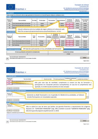 Calcule la distancia entre las ciudades de origen y destino en la dirección web
http://ec.europa.eu/programmes/erasmus-plus/tools/distance_en.htm
Nº total de participantes en las actividades de formación
Sólo para este tipo de movilidad, cumplimente el número de días de formación y
participantes (no incluyendo personas acompañantes); en caso de no cumplimentar este
apartado, no recibirá ayuda económica en este concepto
Solamente se añade financiación si en el apartado H.1 Detalle de las actividades, se hubiesen
incluido Participantes con necesidades especiales
Sólo se cubrirá en caso de tener que facilitar una garantía financiera a requerimiento de la Agencia
Nacional. Cfr. “CAPACIDAD FINANCIERA” (pág. 249) y también la sección “GARANTÍA FINANCIERA” (pág.
261) de la guía del programa español (versión 3, 2015)
 