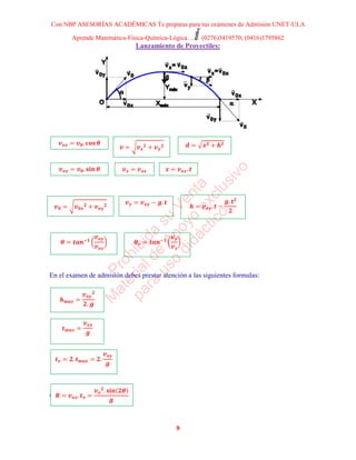 Con NBP ASESORÍAS ACADÉMICAS Te preparas para tus exámenes de Admisión UNET-ULA
Aprende Matemática-Física-Química-Lógica… (0276)3419570; (0416)1795862
9
Lanzamiento de Proyectiles:
En el examen de admisión debes prestar atención a las siguientes formulas:
Glosario:
Prohibida
su
Venta
M
aterialde
Apoyo
exclusivo
para
uso
didáctico
 