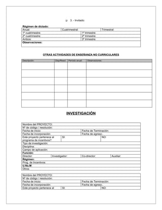    3. - Invitado:

Régimen de dictado:
Anual:                             Cuatrimestral:                           Trimestral:
1º cuatrimestre:                                          1º trimestre:
2º cuatrimestre:                                          2º trimestre:
Ambos:                                                    3º trimestre:
Observaciones:



                 OTRAS ACTIVIDADES DE ENSEÑANZA NO CURRICULARES

Descripción:                 Disp/Resol.     Período anual:    Observaciones:




                                           INVESTIGACIÓN

Nombre del PROYECTO:
Nº de código / resolución:
Fecha de inicio:                                          Fecha de Terminación:
Fecha de incorporación:                                   Fecha de egreso:.
Este proyecto pertenece al        SI:                                    NO:
programa de incentivos?
Tipo de investigación:
Disciplina:
Campo de aplicación:
Función:
Director:                Investigador:                    Co-director:              Auxiliar:
Régimen:
Prog. de Incentivos:
U.Na.M:
Otros:

Nombre del PROYECTO:
Nº de código / resolución:
Fecha de inicio:                                          Fecha de Terminación:
Fecha de incorporación:                                   Fecha de egreso:.
Este proyecto pertenece al         SI:                                   NO:
 