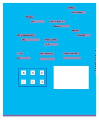 MODELO:

                                                                 audi nuvolari

              MARCAS:

                  Audi                 CONCESIONARIOS:

                                            Casatoro

                                                                 PRECIOS:

AÑO DE LANZAMIENTO:                                                    37'214.542

       2002                   TIPO DE MOTOR:

                              234.05


                                                                                    CARA
COLOR:                   TIPO DE MANEJO:               LOS MAS VENDIDOS:
                                                                                    El Nuv
Gris                                                                                L. bitu
                                                                                    0 a 10
                                                                                    y el p
                                                                                    El Nuv
                                                                                    las cu
                                                                                    freno
                                                                                    LED tr
 