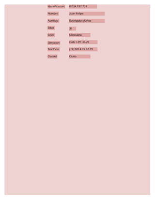 Identificacion:   0.034.937.731

Nombre            Juan Felipe

Apellido:         Rodriguez Muñoz

Edad              31

Sexo:             Masculino

Direccion         Calle 129 36-26

Telefono:         (17)320.4.35.32.79

Ciudad            Quito
 